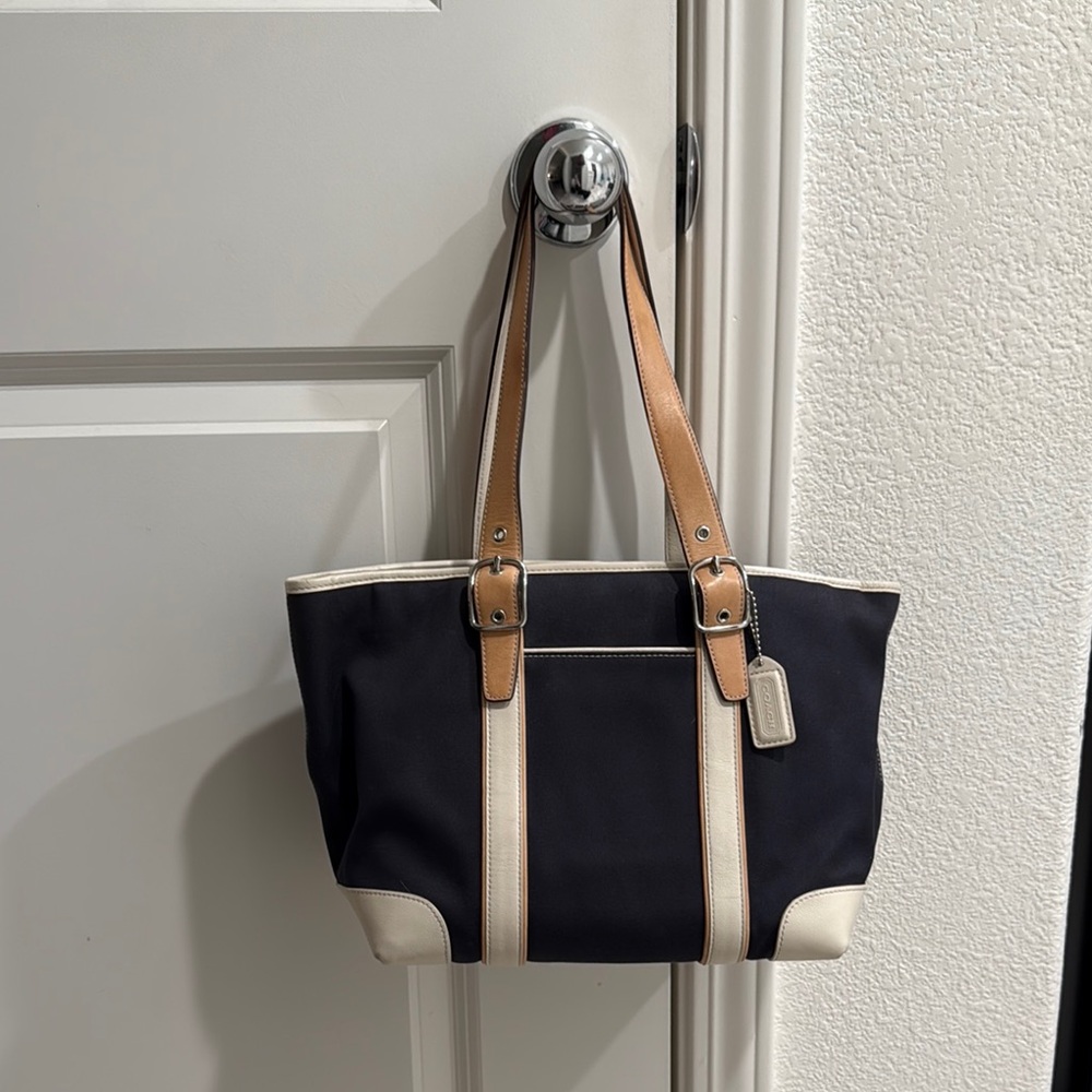 Blue canvas tote with white/tan handles and pink interior. No staining.